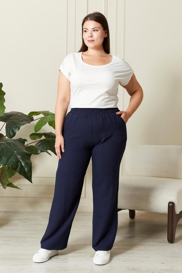 Beli Lastikli Geniş Paça Büyük Beden Lacivert Pantolon