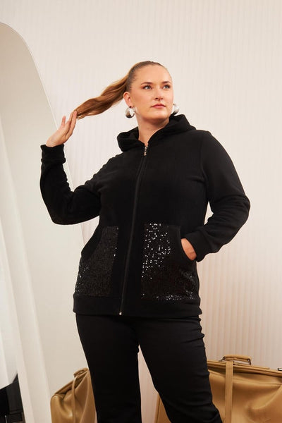 KOL VE CEP PUL PAYET İŞLEMELİ BÜYÜK BEDEN HIRKA