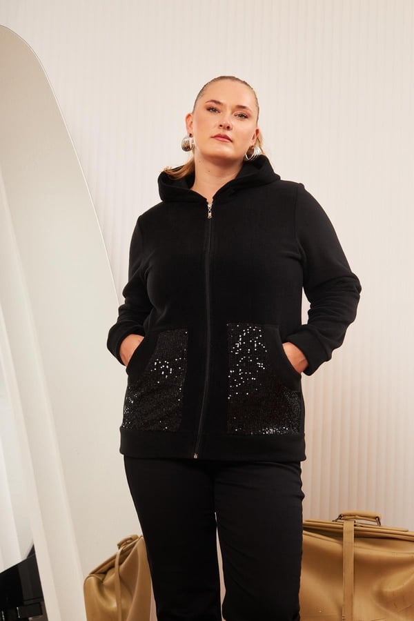 KOL VE CEP PUL PAYET İŞLEMELİ BÜYÜK BEDEN HIRKA