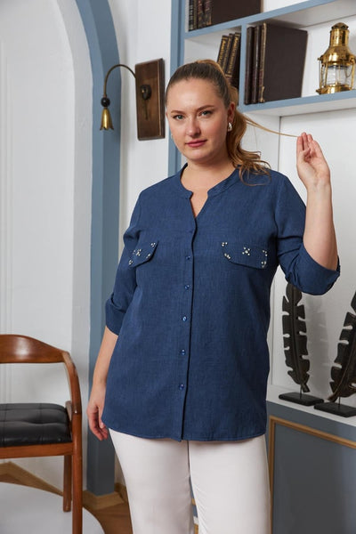 BÜYÜK BEDEN CEP KAPAK TAŞ DETAYLI GÖMLEK