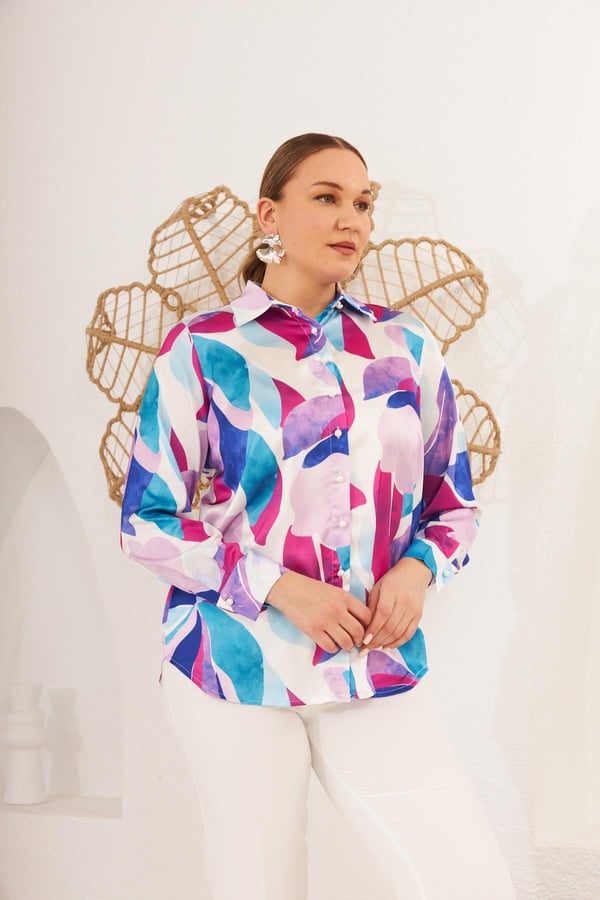 Yaprak Desenli Büyük Beden Uzun Kol Ekru Gömlek