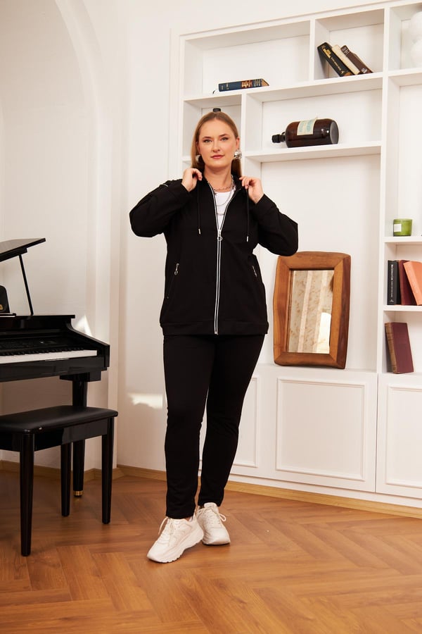 Büyük Beden Kapüşonlu Eşofman Takımı Siyah