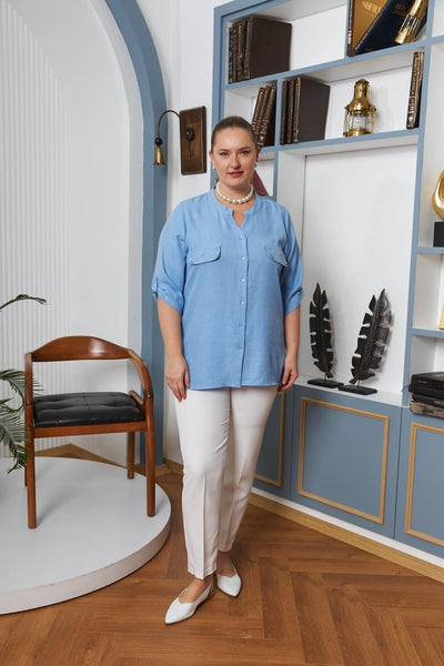 BÜYÜK BEDEN CEP KAPAK TAŞ DETAYLI GÖMLEK