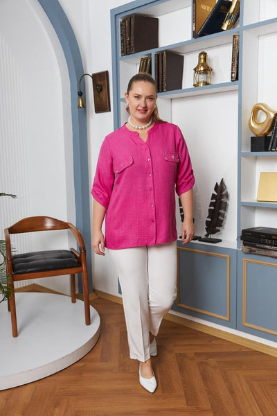 BÜYÜK BEDEN CEP KAPAK TAŞ DETAYLI GÖMLEK