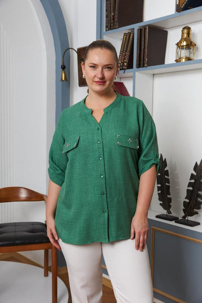 BÜYÜK BEDEN CEP KAPAK TAŞ DETAYLI GÖMLEK